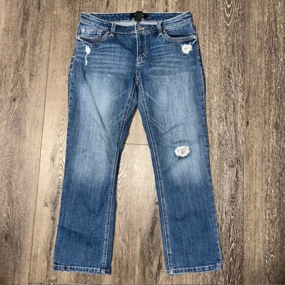 White House Black Market Jeans Woman’s 6 CROP Blue Distressed w/Sequins - Picture 1 of 6